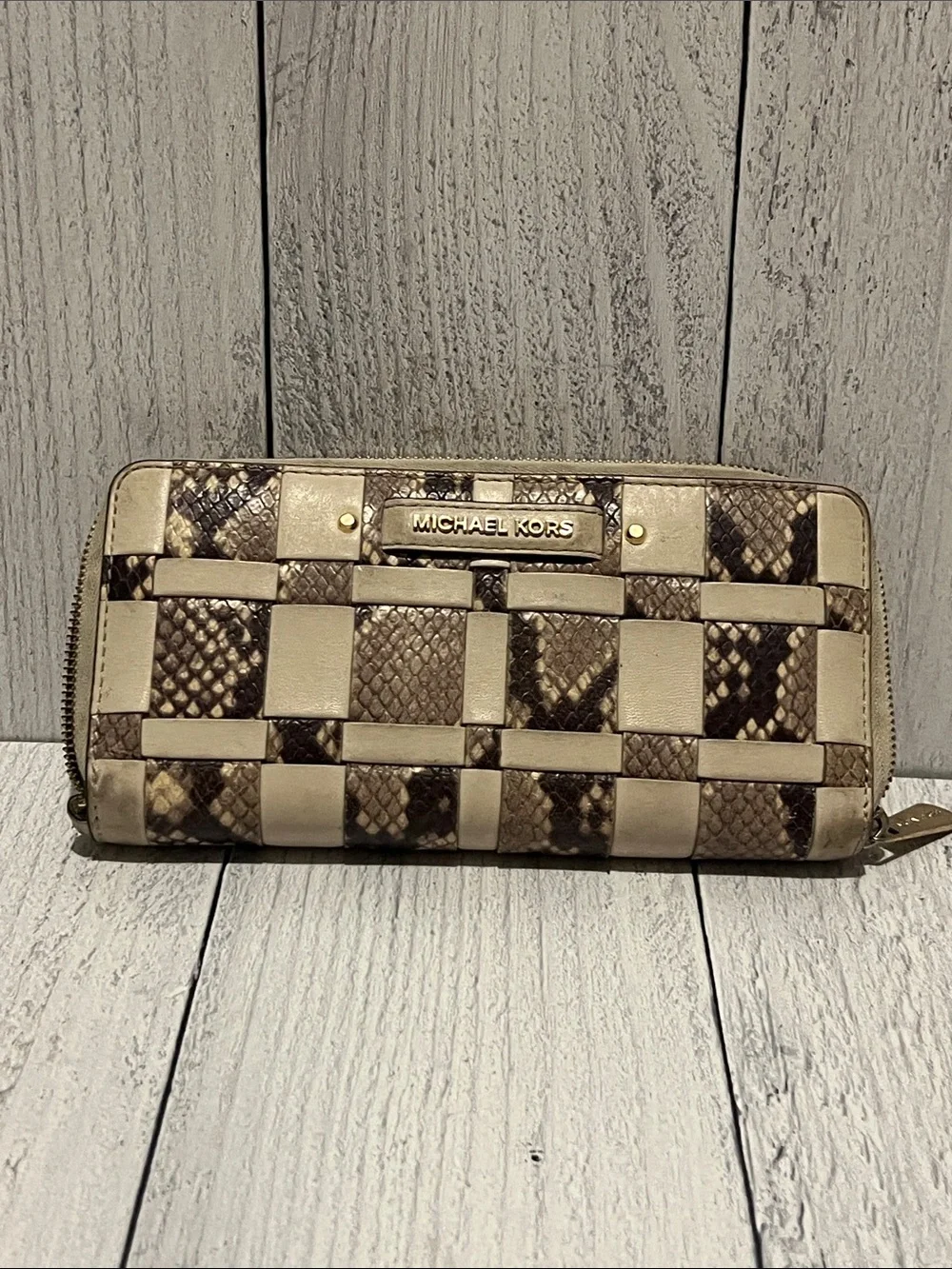Michael Kors Beige and Brown Woven-Style Zip Wallet